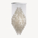 Elegant Coastal Shell Waterfall Chandelier with Cascading White Shell Discs for High Ceiling Spaces
