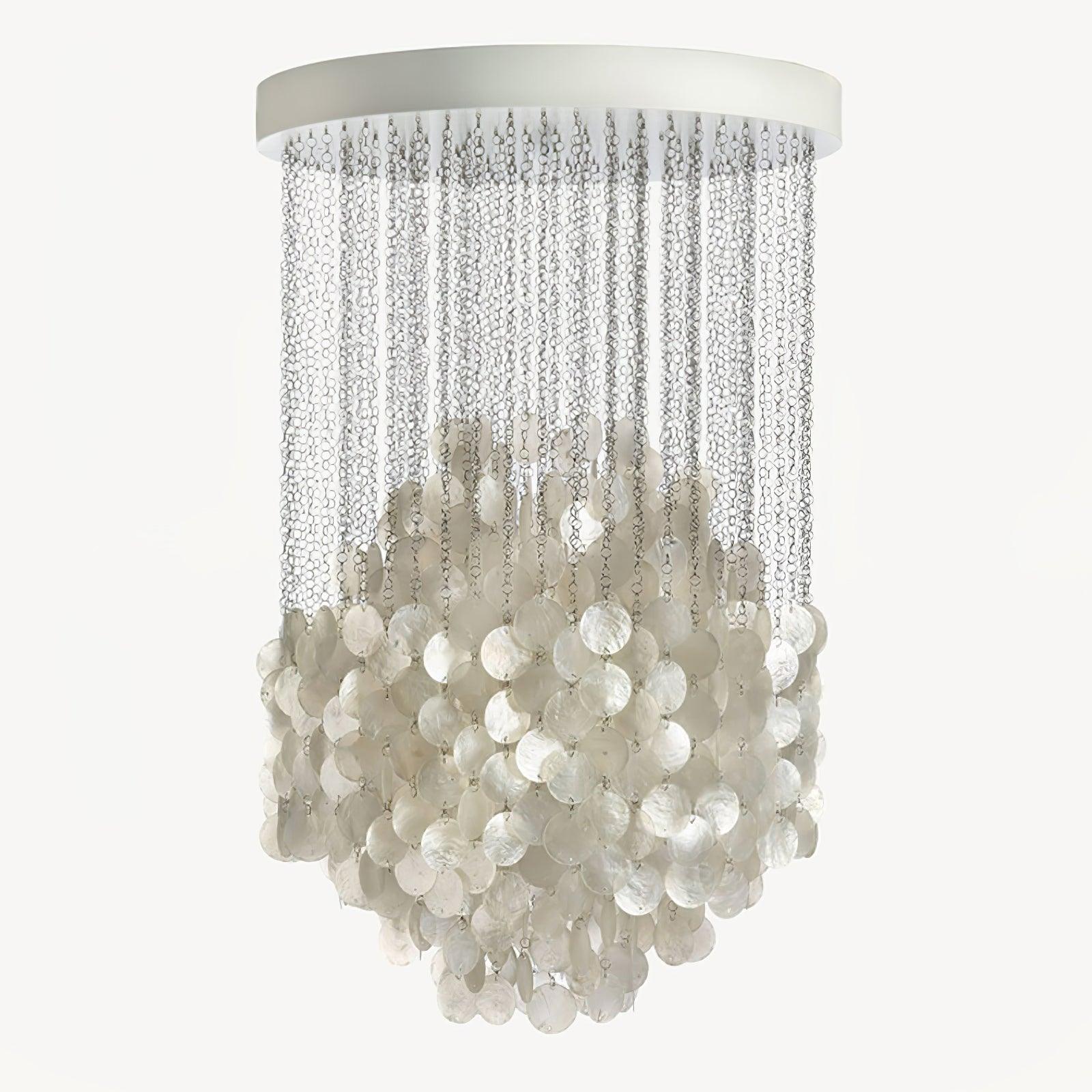 Elegant Coastal Shell Waterfall Chandelier with Cascading White Shell Discs for High Ceiling Spaces
