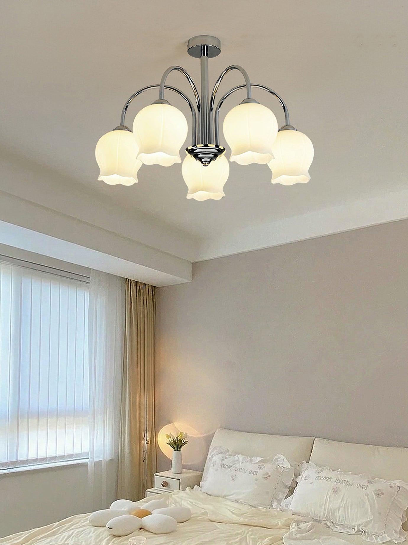 Elegant Country Floral Glass Candelabrum Chandelier in White and Chrome Finish