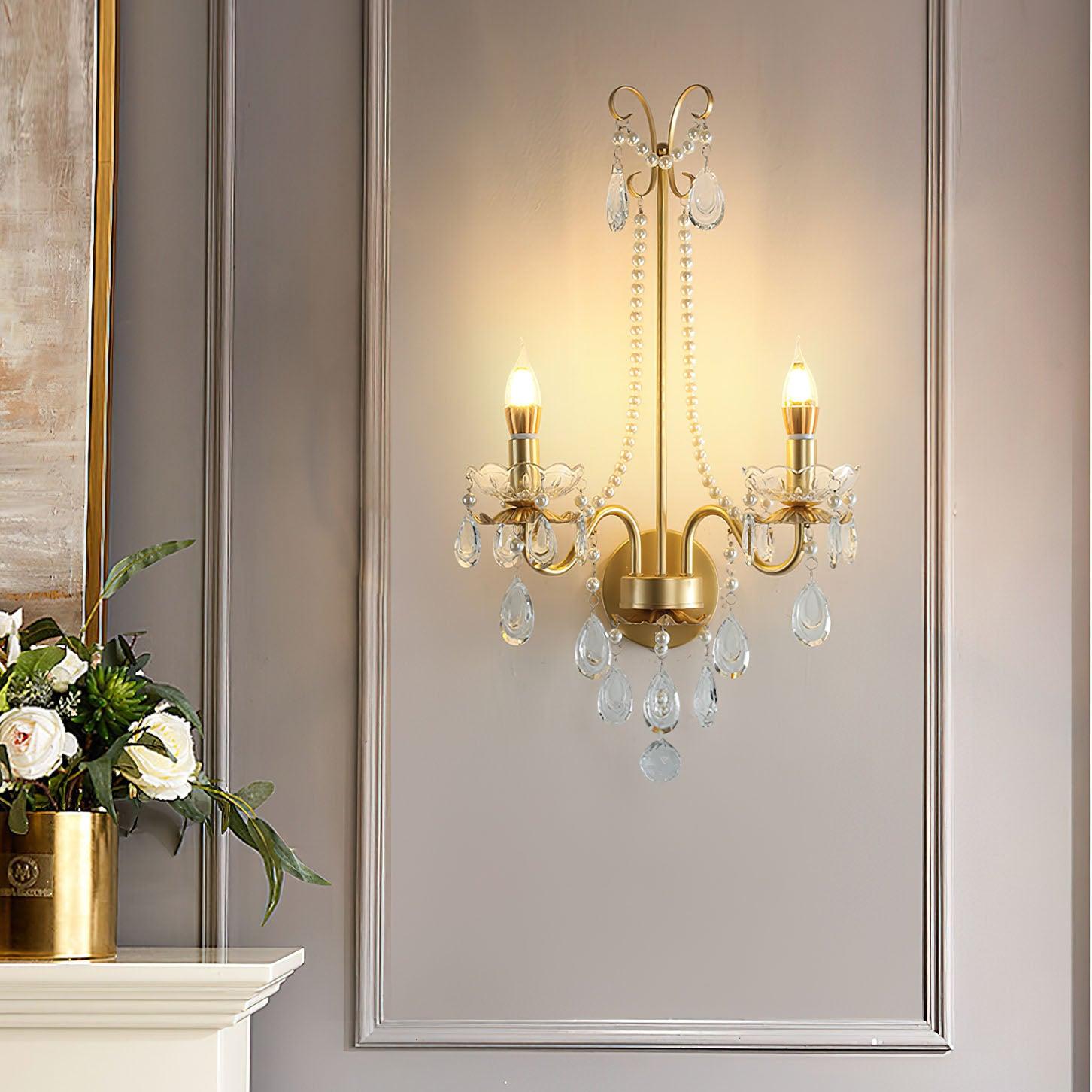 Elegant Crystal Pearl Chain Wall Sconce Decorative Indoor Lighting for Bedroom and Living Room