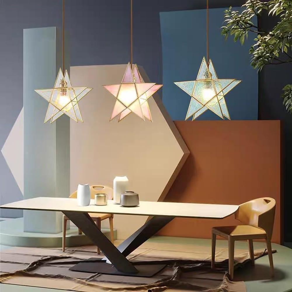 Elegant Double Star Glass Hanging Pendant Light Copper Modern Kitchen Island Lighting