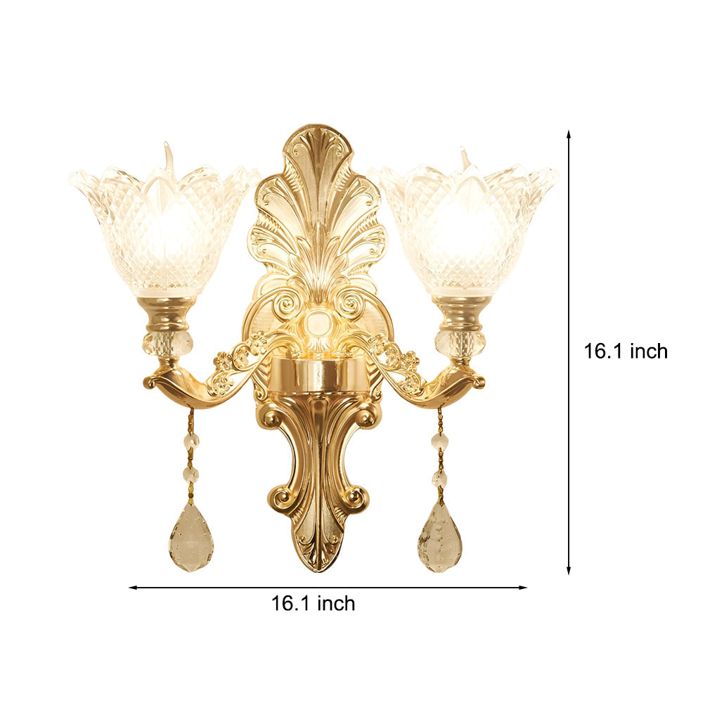 Elegant European Style 2 Light Crystal Glass Wall Sconce with Floral Accents and 3 Color Dimming