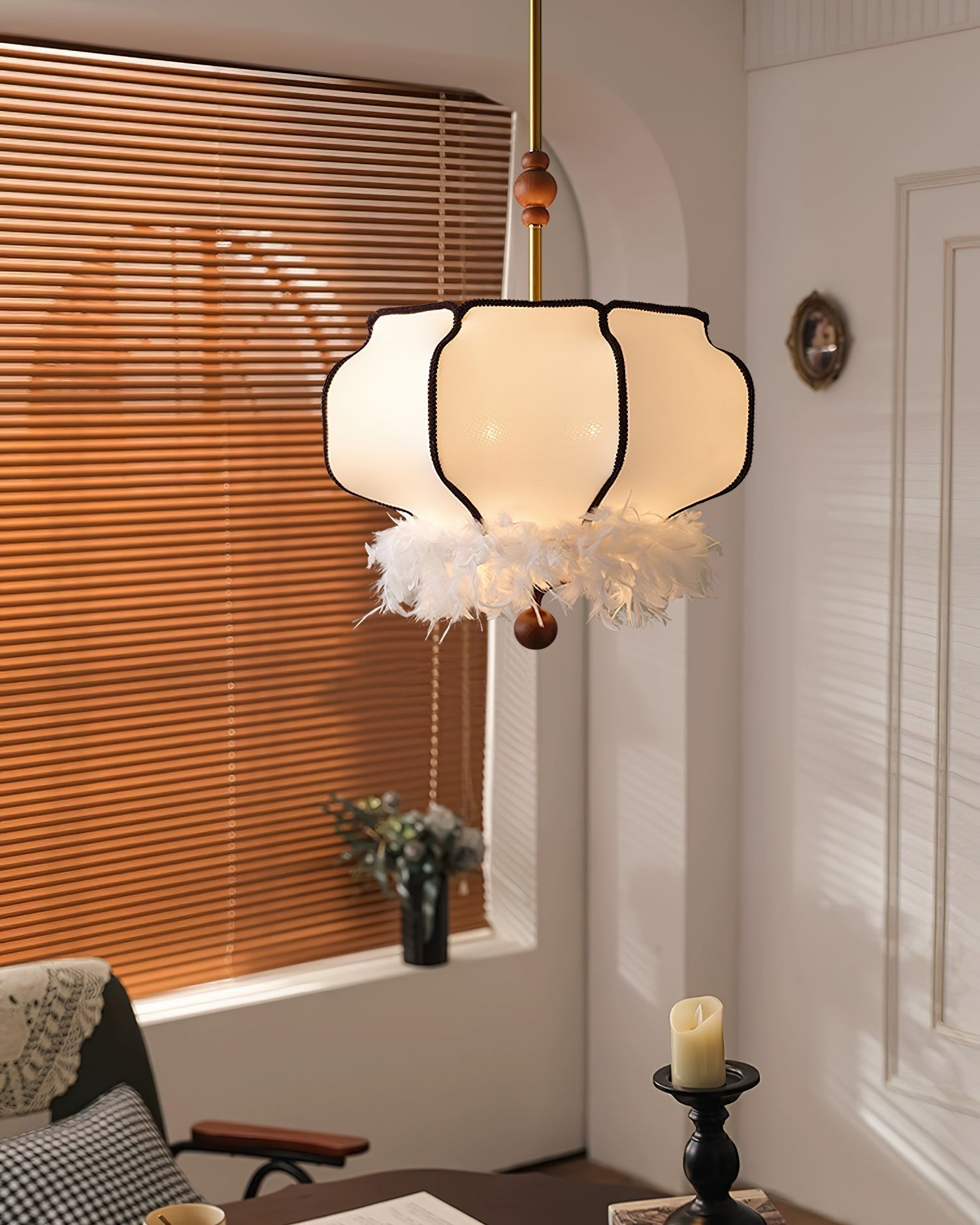 Elegant Feathered Lantern Pendant Light with Organic Curves and Walnut Finish