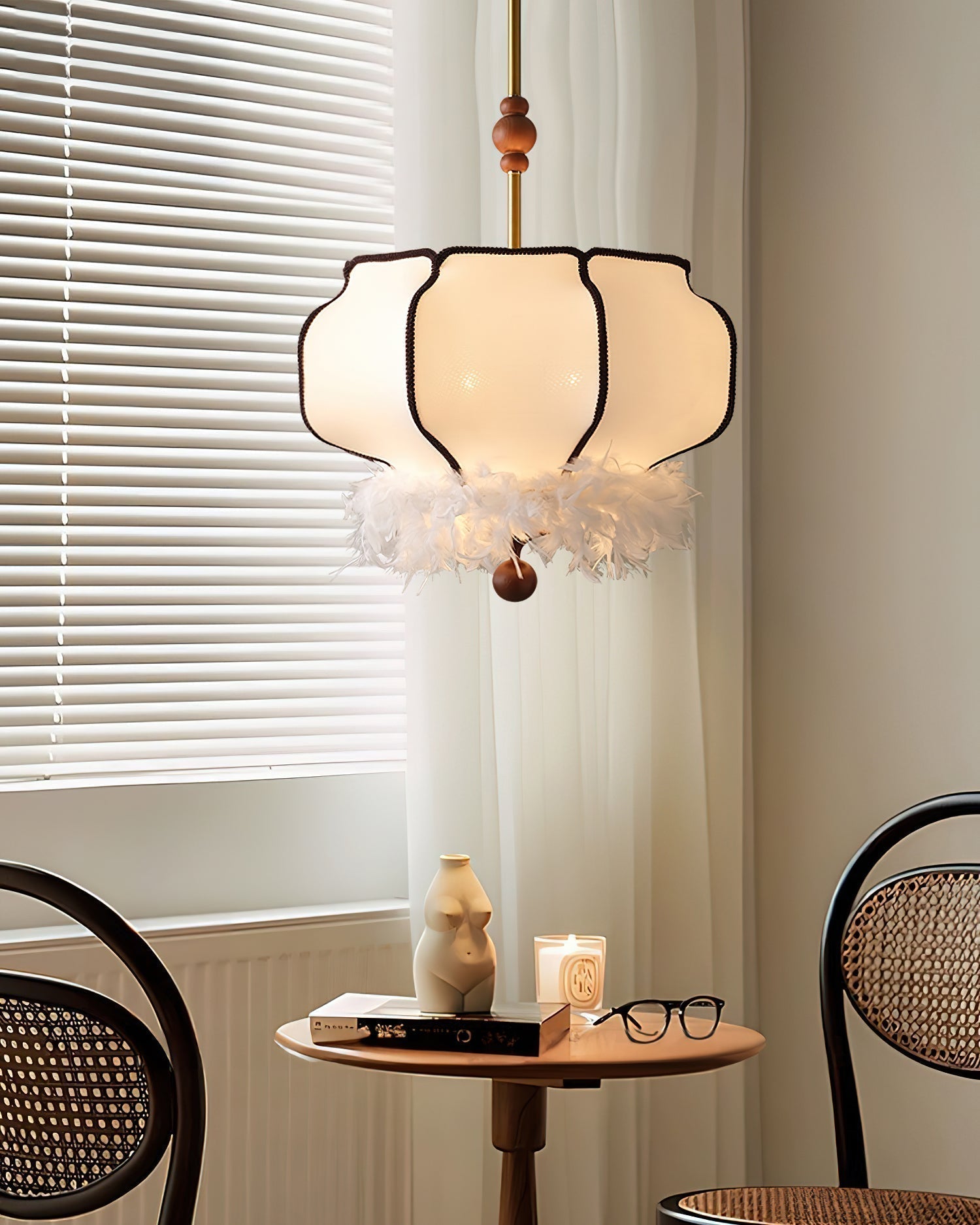 Elegant Feathered Lantern Pendant Light with Organic Curves and Walnut Finish