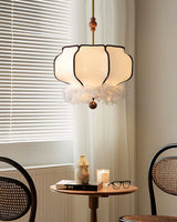 Elegant Feathered Lantern Pendant Light with Organic Curves and Walnut Finish
