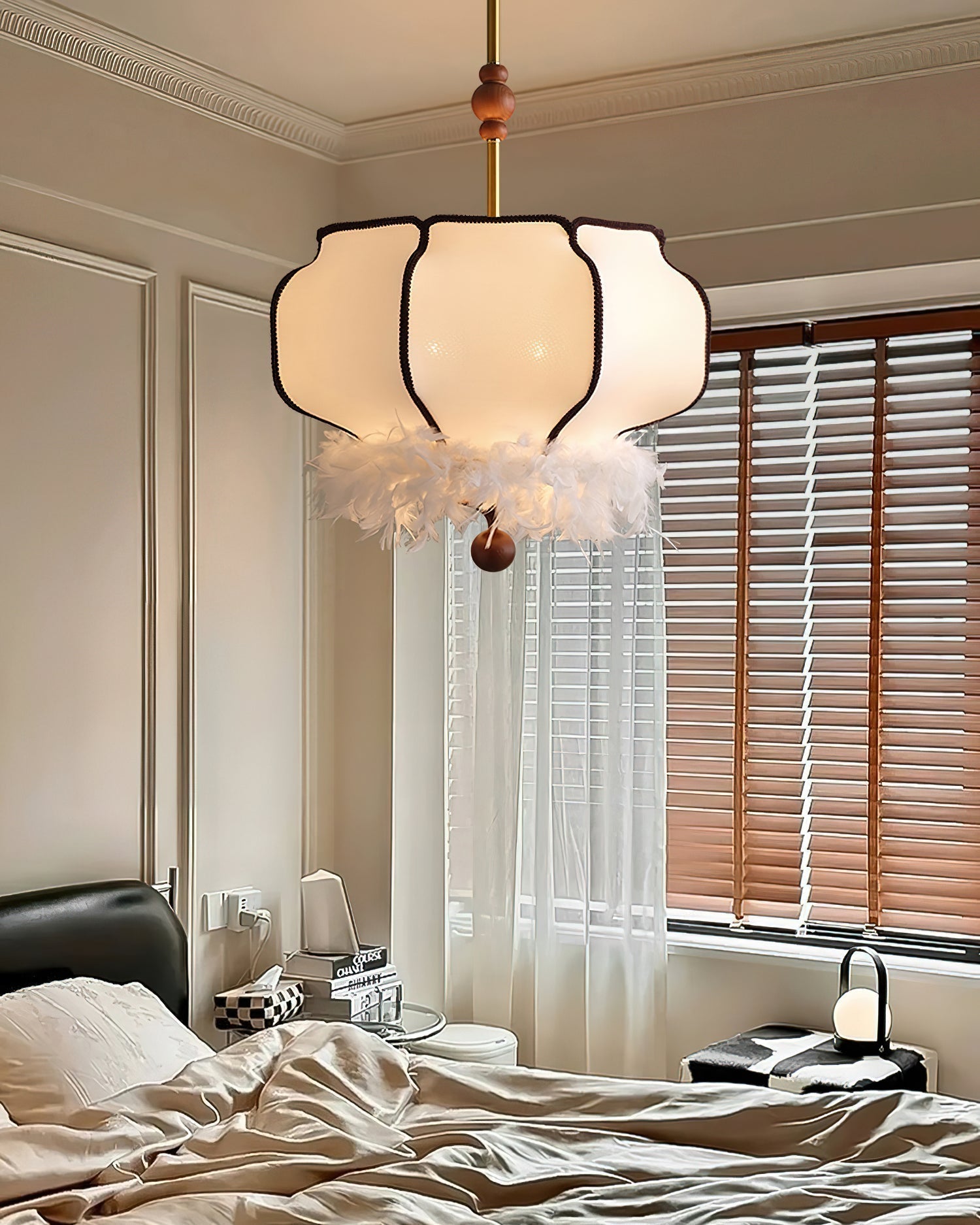 Elegant Feathered Lantern Pendant Light with Organic Curves and Walnut Finish