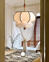Elegant Feathered Lantern Pendant Light with Organic Curves and Walnut Finish