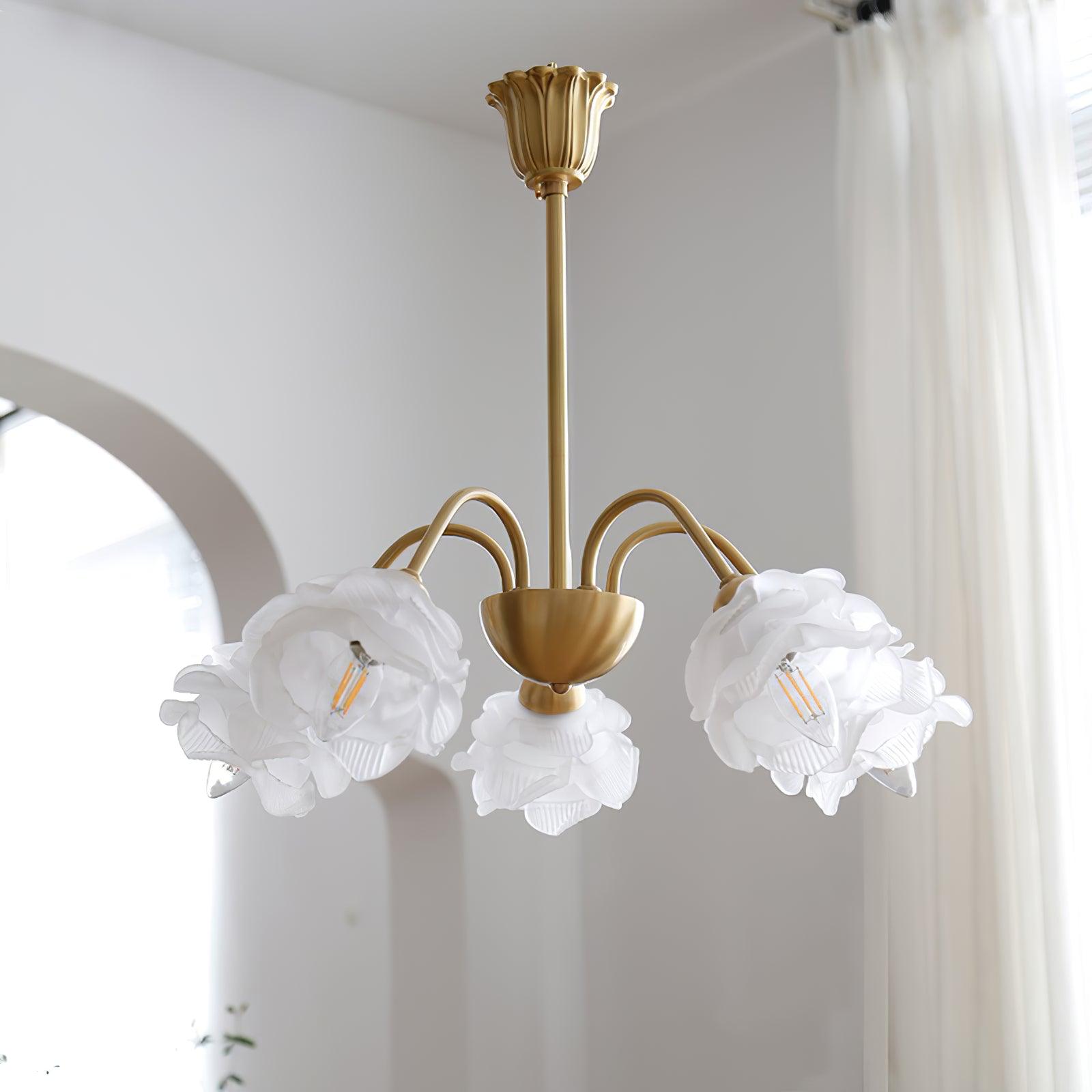 Elegant Floral Rose Glass and Copper Chandelier Ceiling Light for Interior Living Spaces