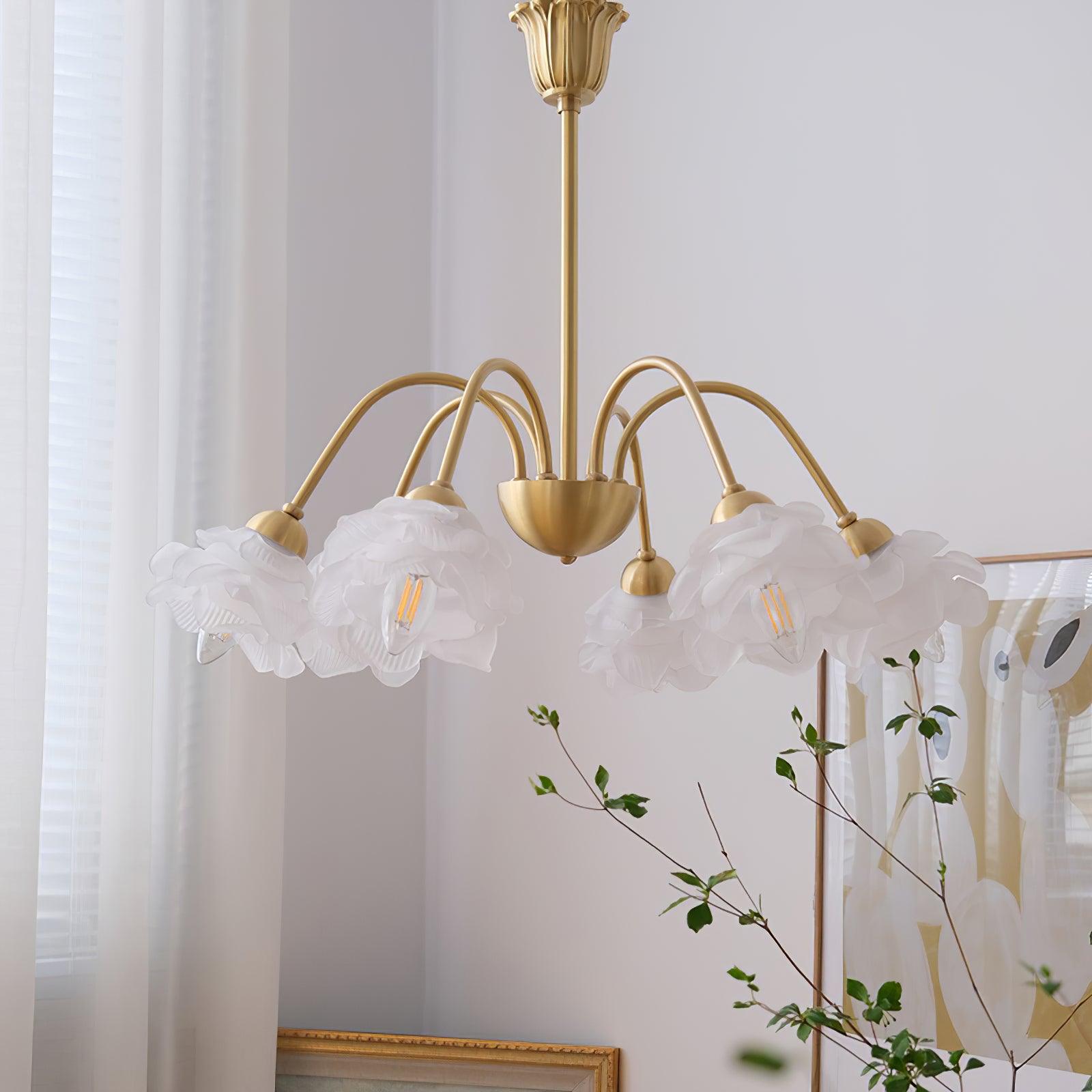 Elegant Floral Rose Glass and Copper Chandelier Ceiling Light for Interior Living Spaces