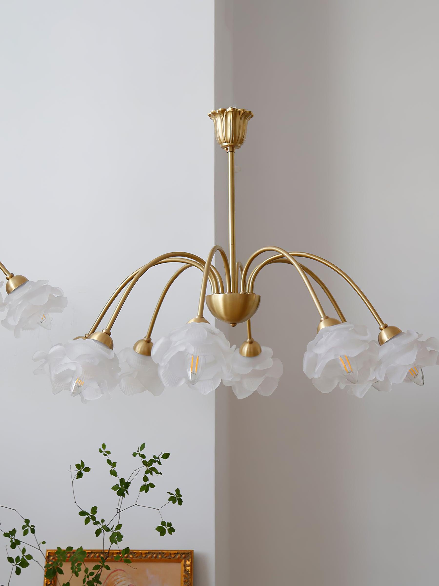 Elegant Floral Rose Glass and Copper Chandelier Ceiling Light for Interior Living Spaces