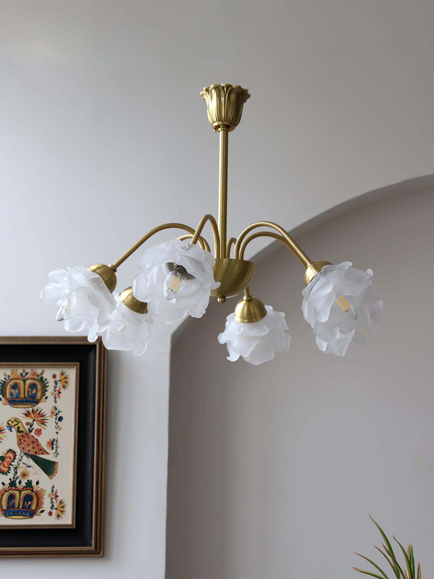 Elegant Floral Rose Glass and Copper Chandelier Ceiling Light for Interior Living Spaces