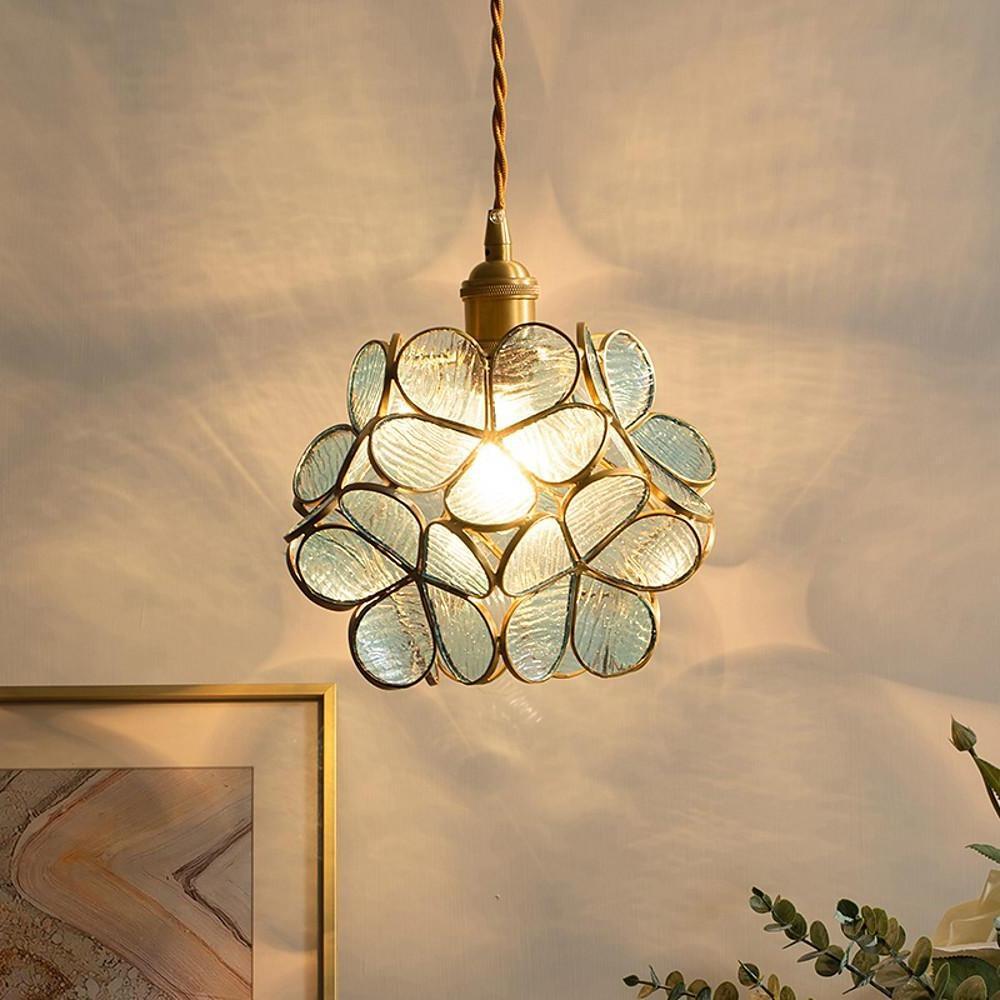 Elegant Flower Shaped Glass Pendant Light Copper Hanging Ceiling Fixture for Modern Home Decor