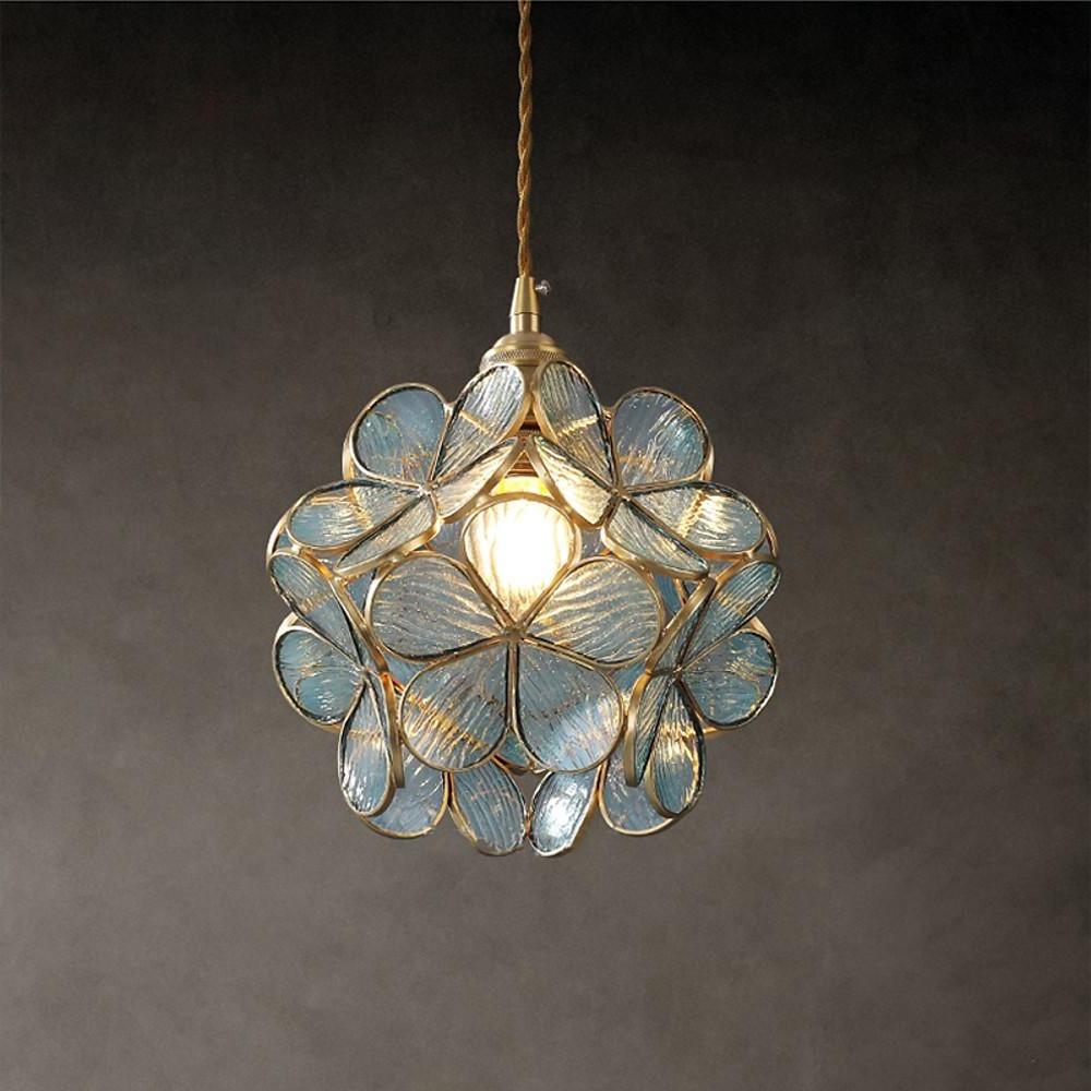 Elegant Flower Shaped Glass Pendant Light Copper Hanging Ceiling Fixture for Modern Home Decor