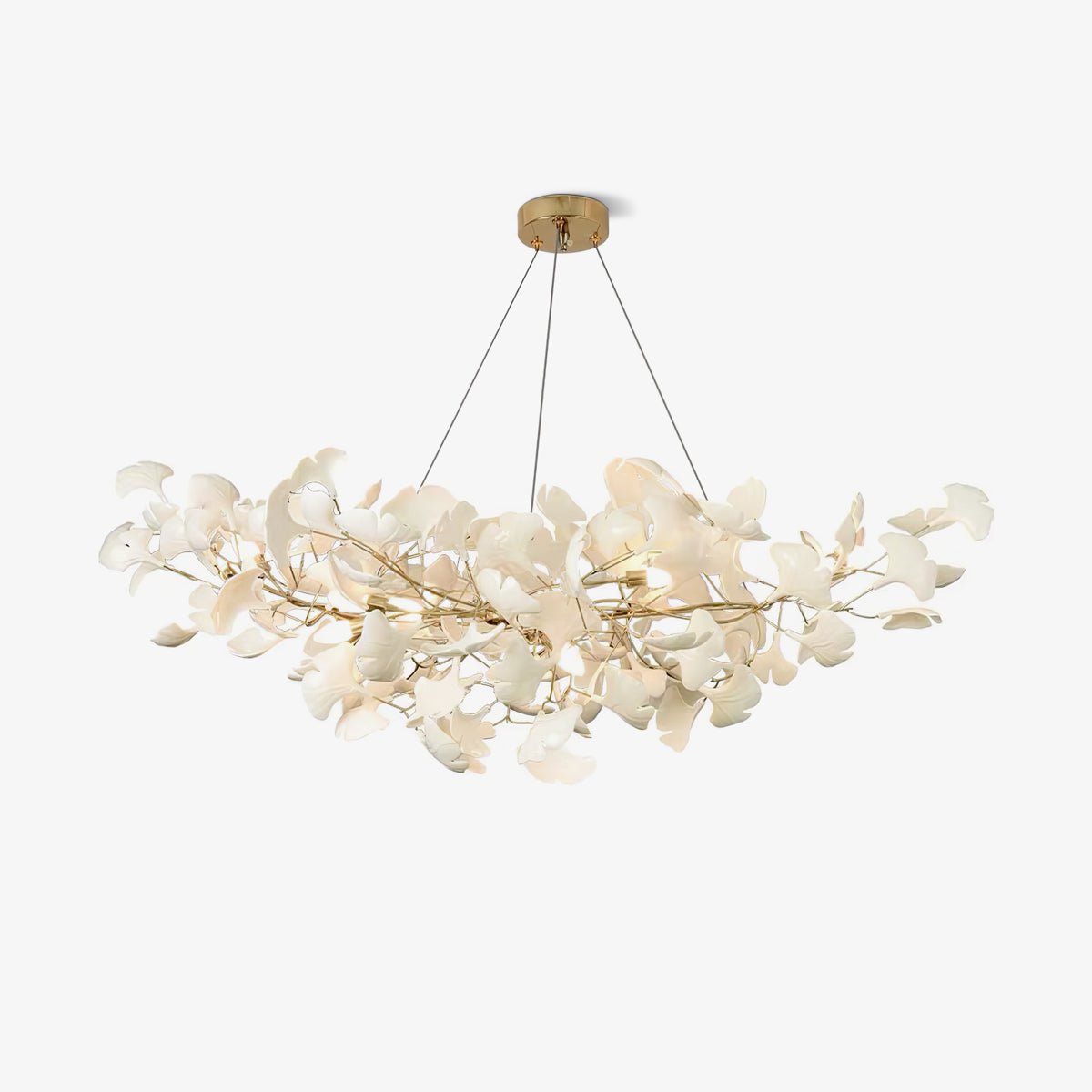 Elegant Ginkgo Leaf Porcelain Chandelier Linear Metal Branch Light in Gold Finish