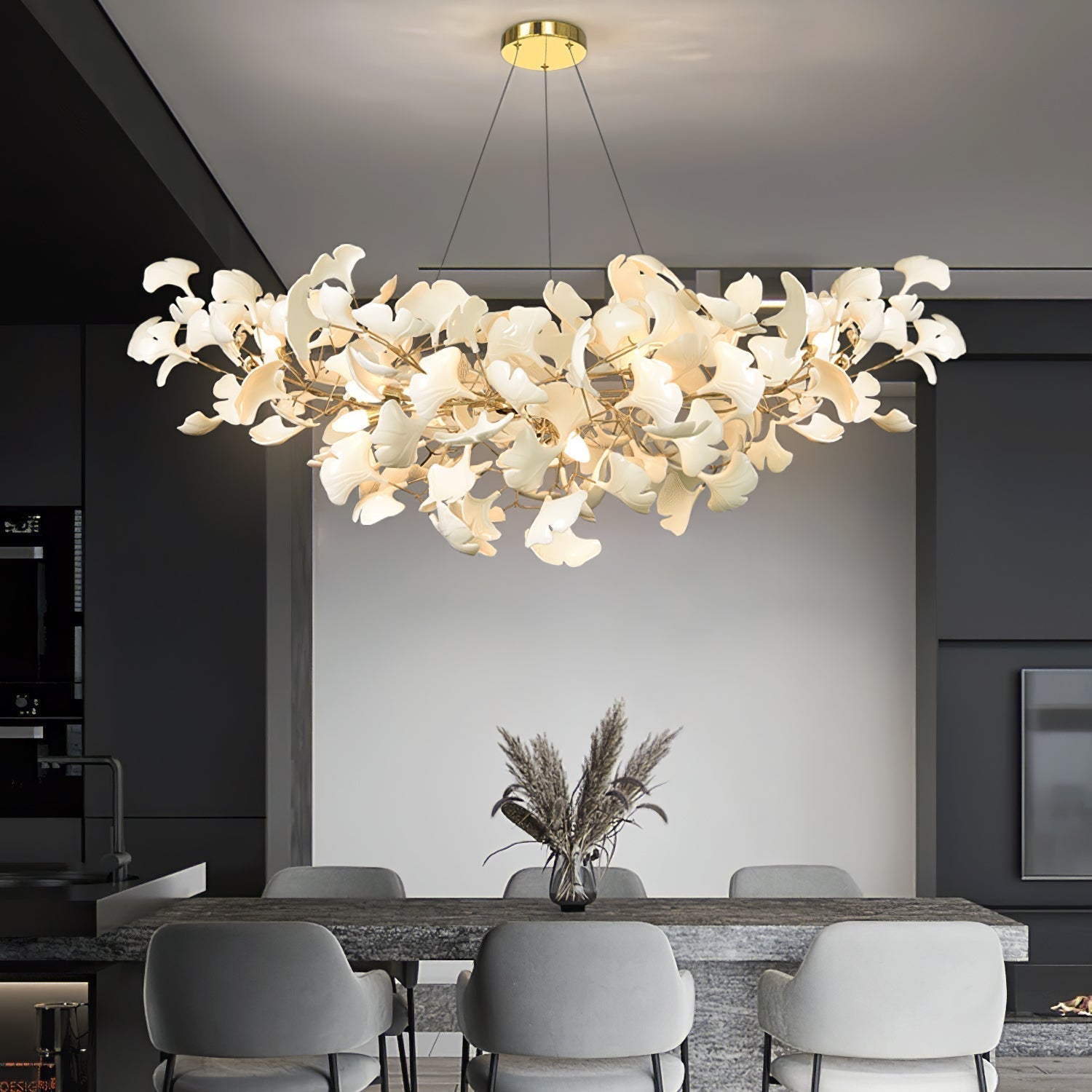 Elegant Ginkgo Leaf Porcelain Chandelier Linear Metal Branch Light in Gold Finish