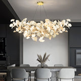 Elegant Ginkgo Leaf Porcelain Chandelier Linear Metal Branch Light in Gold Finish