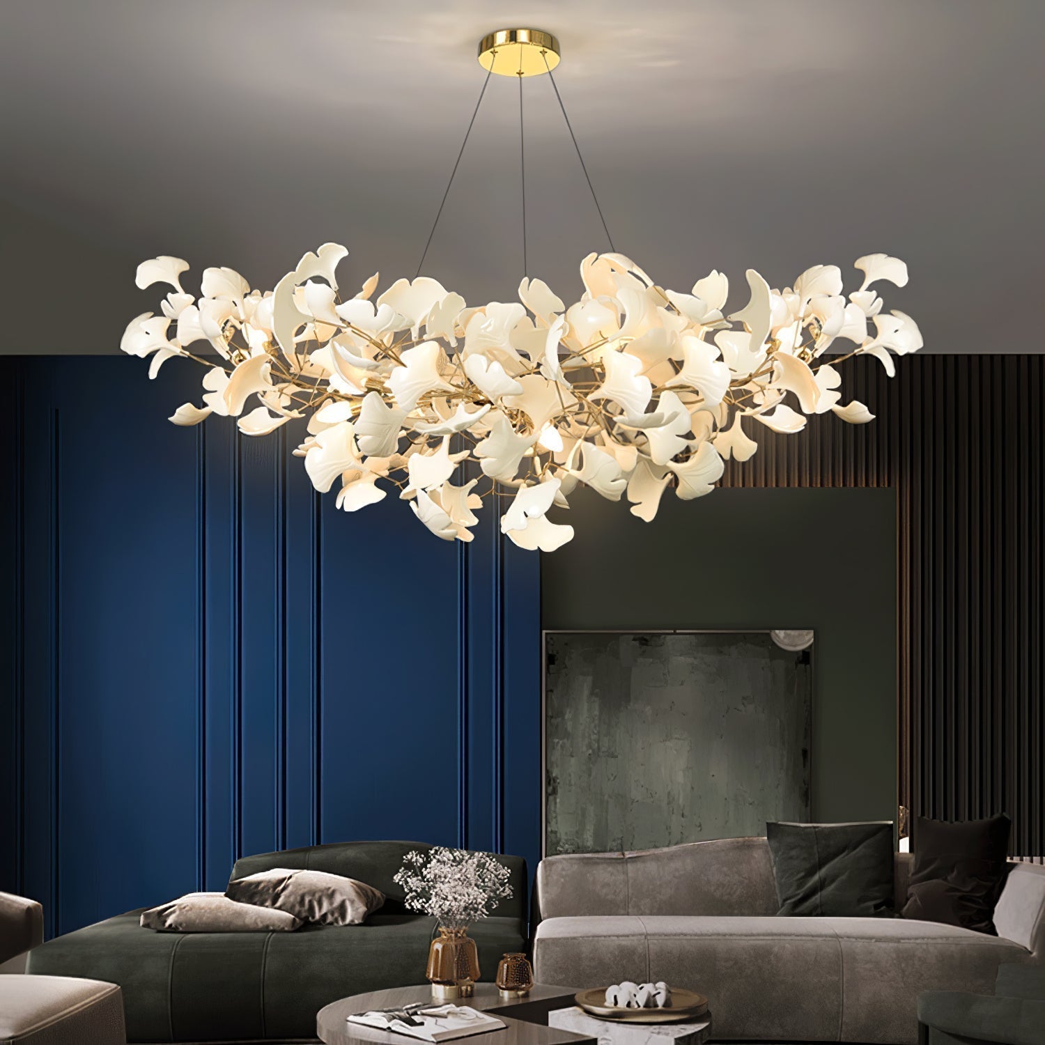 Elegant Ginkgo Leaf Porcelain Chandelier Linear Metal Branch Light in Gold Finish