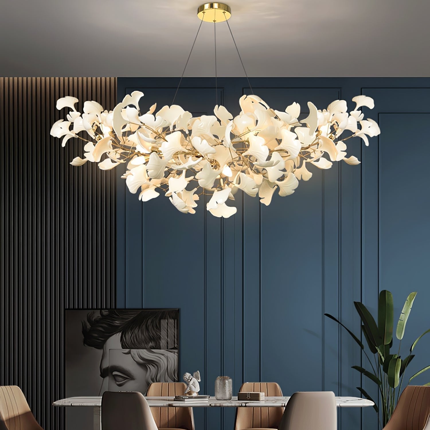Elegant Ginkgo Leaf Porcelain Chandelier Linear Metal Branch Light in Gold Finish