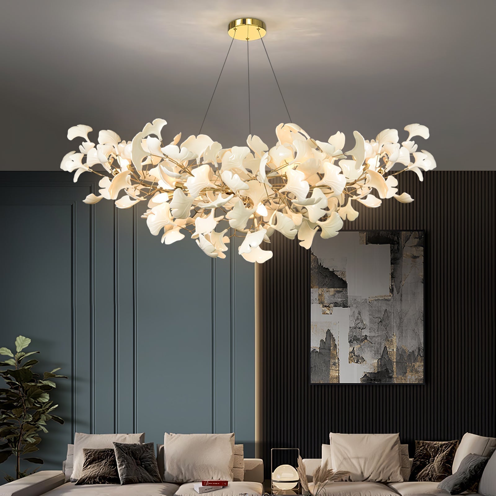 Elegant Ginkgo Leaf Porcelain Chandelier Linear Metal Branch Light in Gold Finish