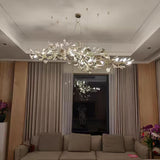 Elegant Ginkgo Leaf Porcelain Chandelier Linear Metal Branch Light in Gold Finish