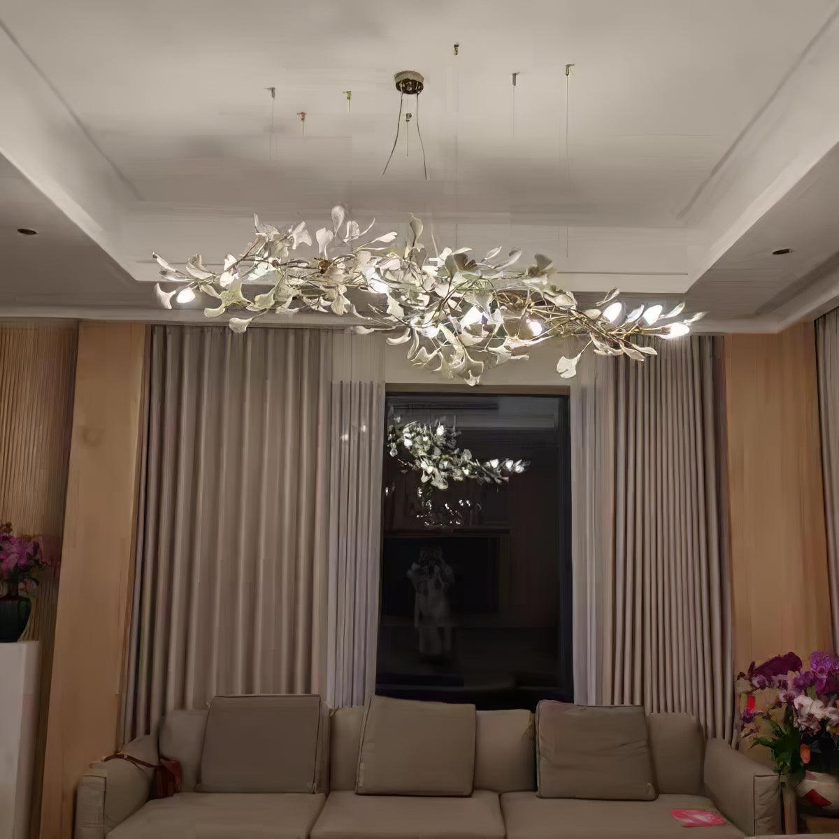 Elegant Ginkgo Leaf Porcelain Chandelier Linear Metal Branch Light in Gold Finish