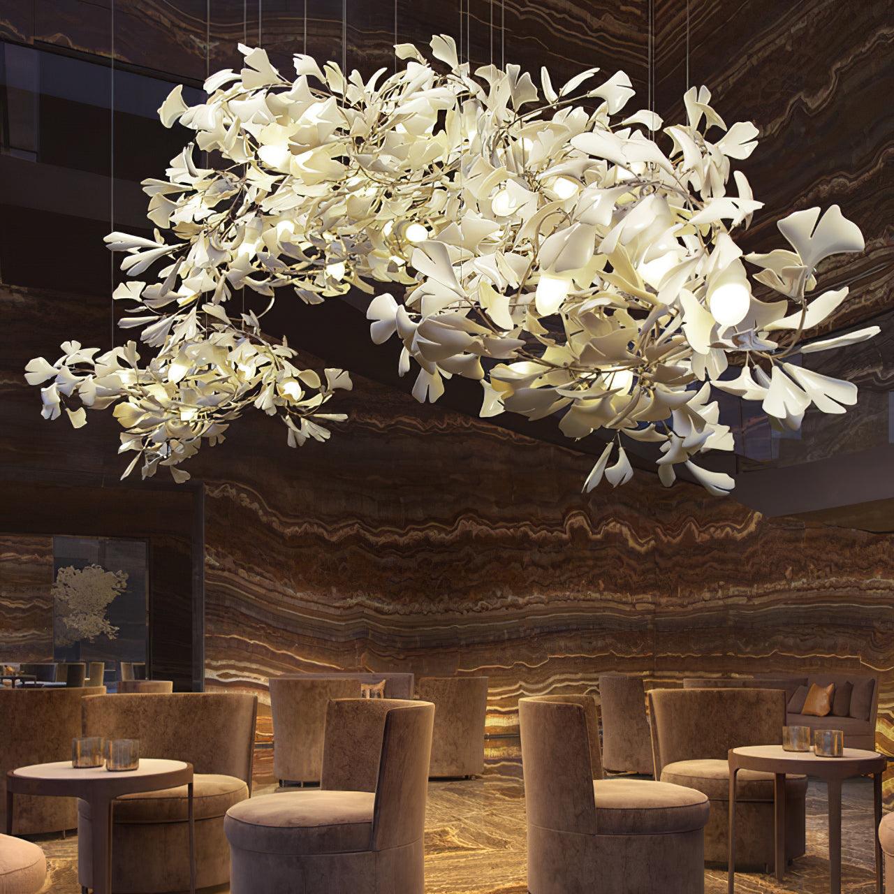 Elegant Ginkgo Leaf Porcelain Chandelier Linear Metal Branch Light in Gold Finish