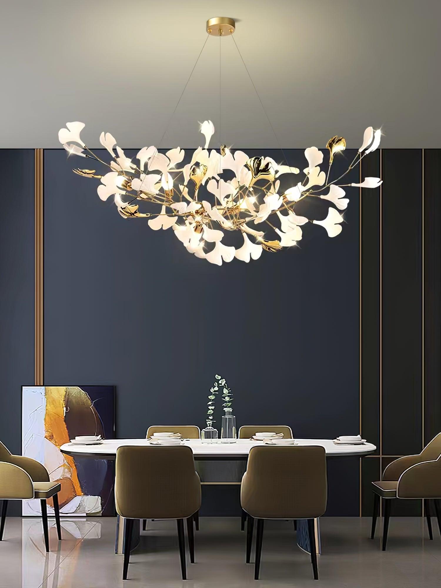 Elegant Ginkgo Leaf Porcelain Chandelier Linear Metal Branch Light in Gold Finish