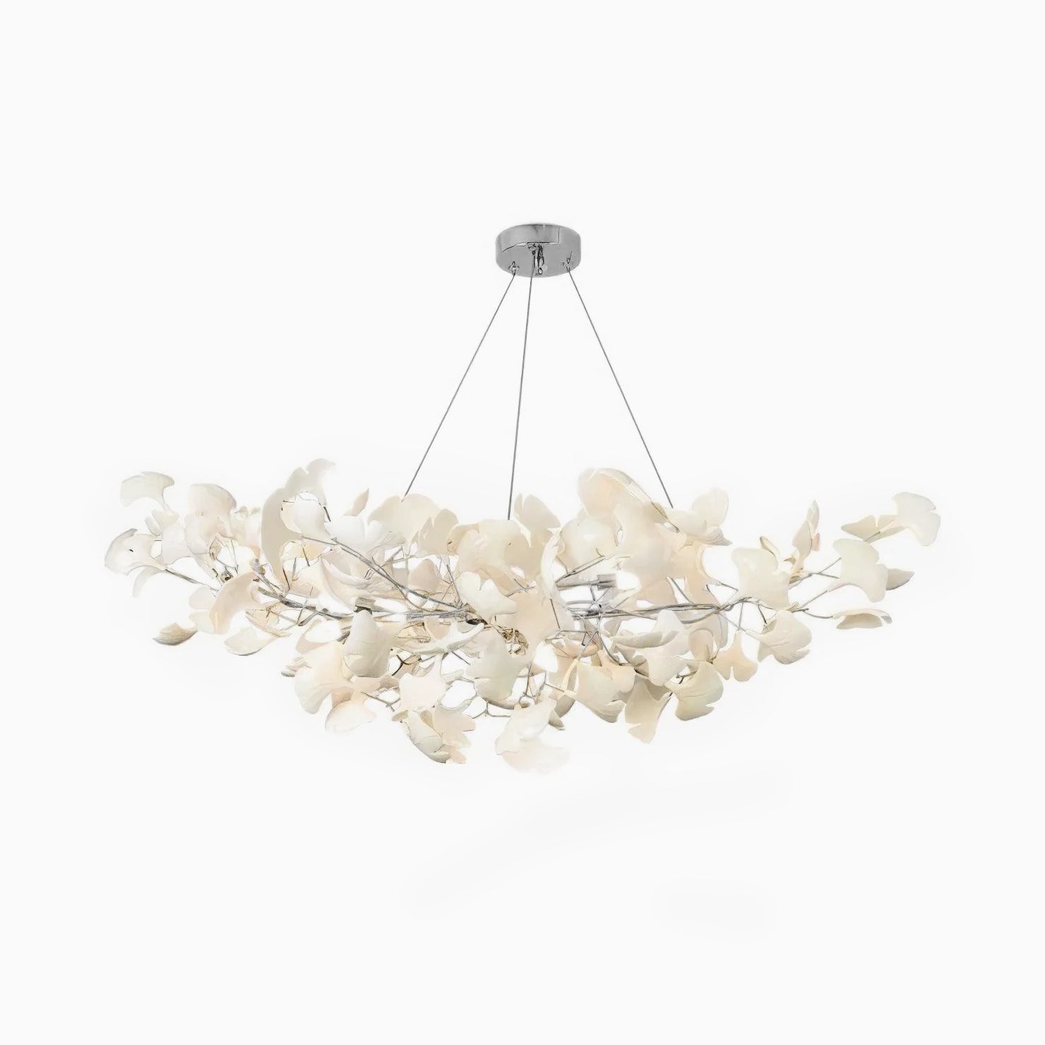 Elegant Ginkgo Leaf Porcelain Chandelier Linear Metal Branch Light in Gold Finish