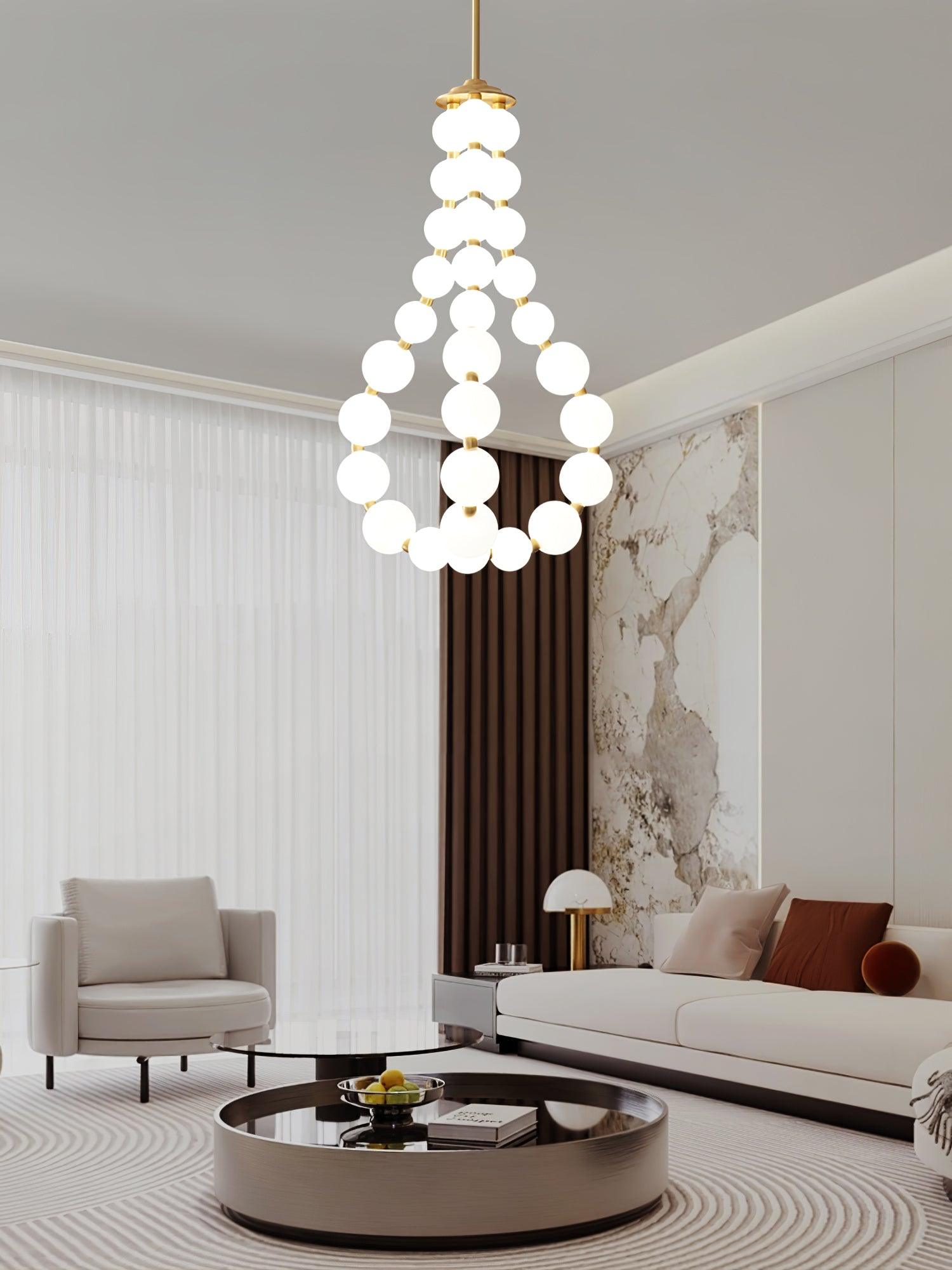 Elegant Glass Pearl Necklace Chandelier Brass and White Globe Modern Ceiling Light Fixture