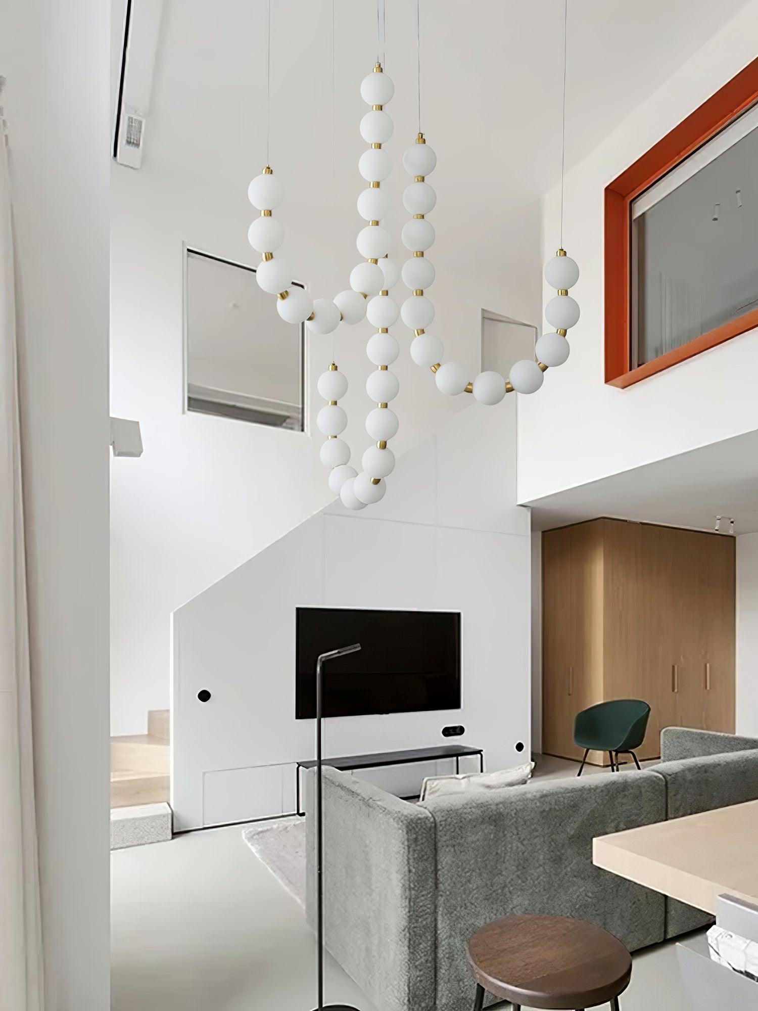 Elegant Glass Pearl Necklace Chandelier Brass and White Globe Modern Ceiling Light Fixture