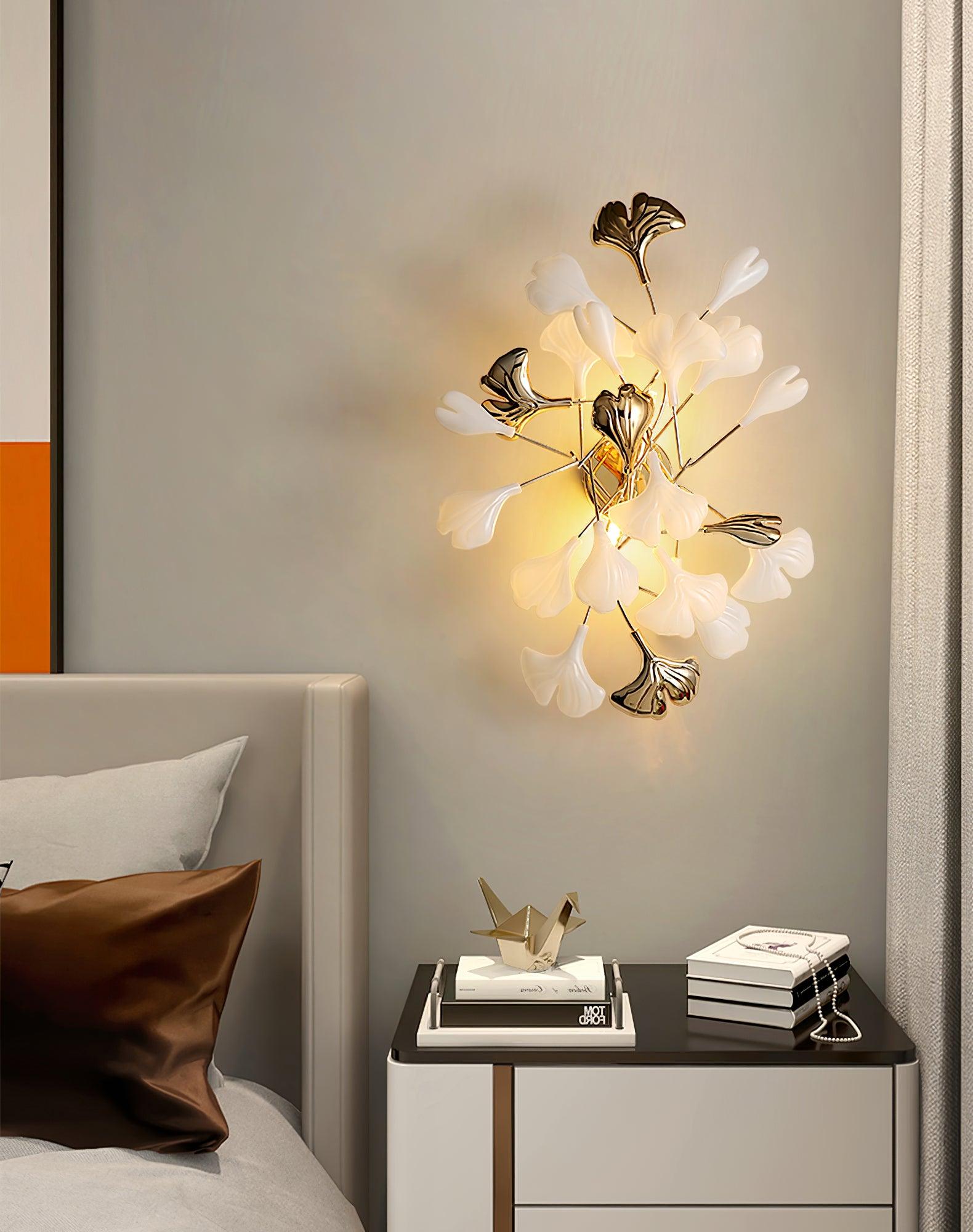 Elegant Gold and White Ginkgo Leaf Wall Sconce Indoor Ceramic Accent Lighting