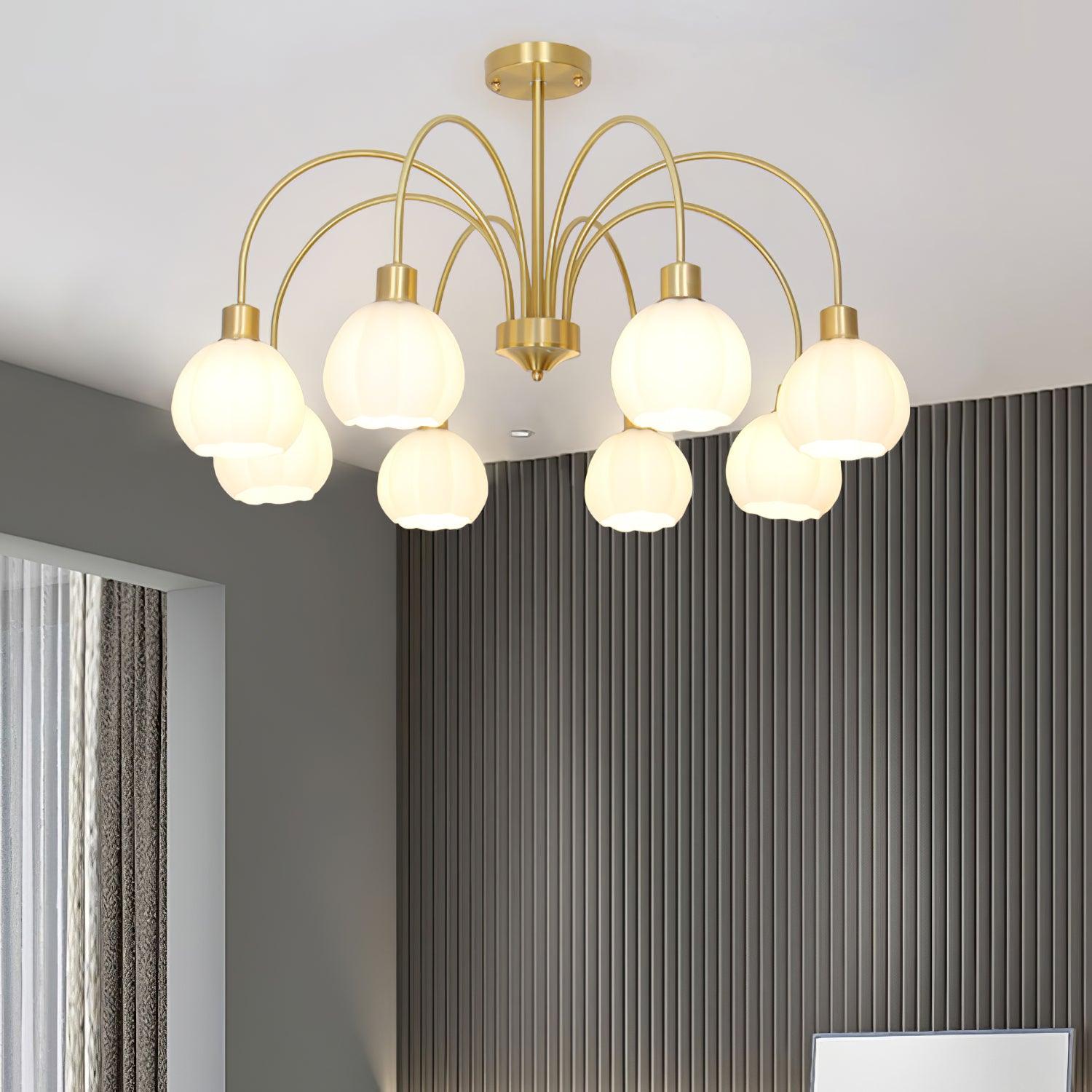 Elegant Gold Pumpkin Glass Chandelier Gasolier Pendant Lighting for Dining and Living Rooms