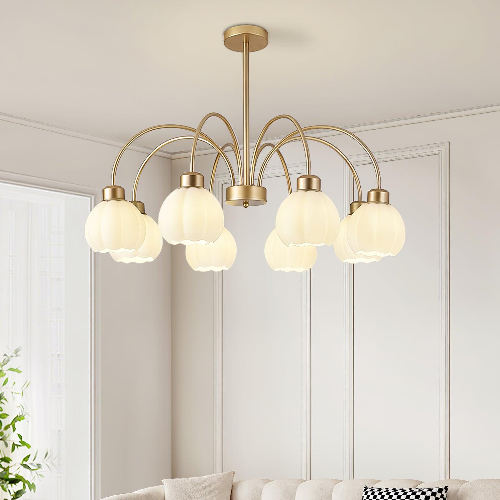 Elegant Gold Pumpkin Glass Chandelier Gasolier Pendant Lighting for Dining and Living Rooms