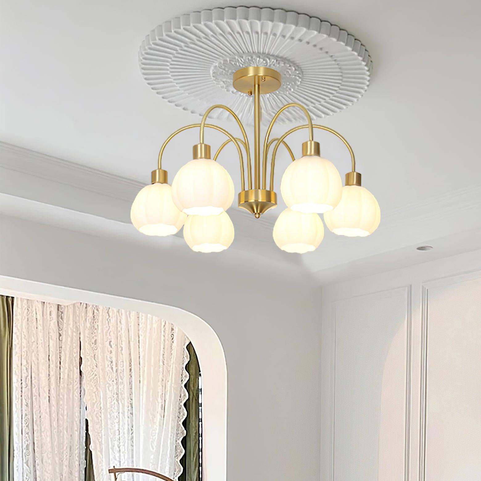 Elegant Gold Pumpkin Glass Chandelier Gasolier Pendant Lighting for Dining and Living Rooms