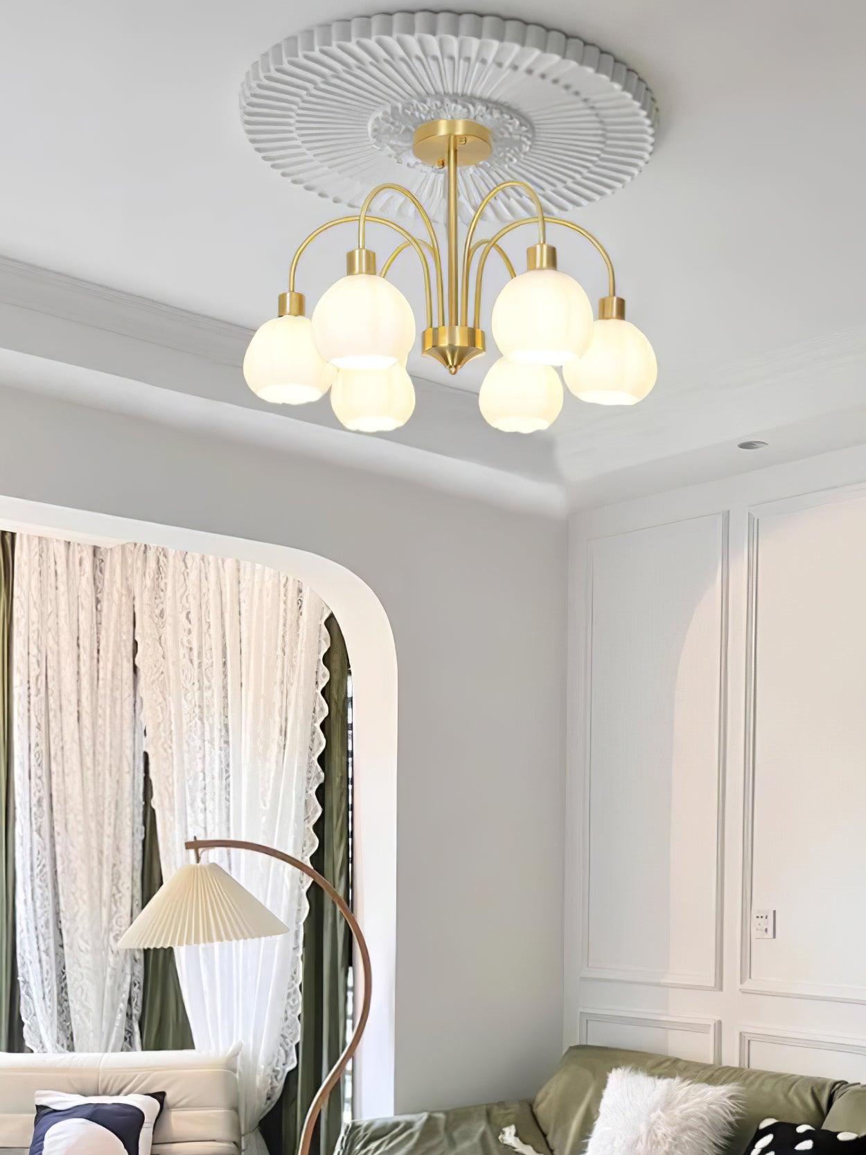 Elegant Gold Pumpkin Glass Chandelier Gasolier Pendant Lighting for Dining and Living Rooms