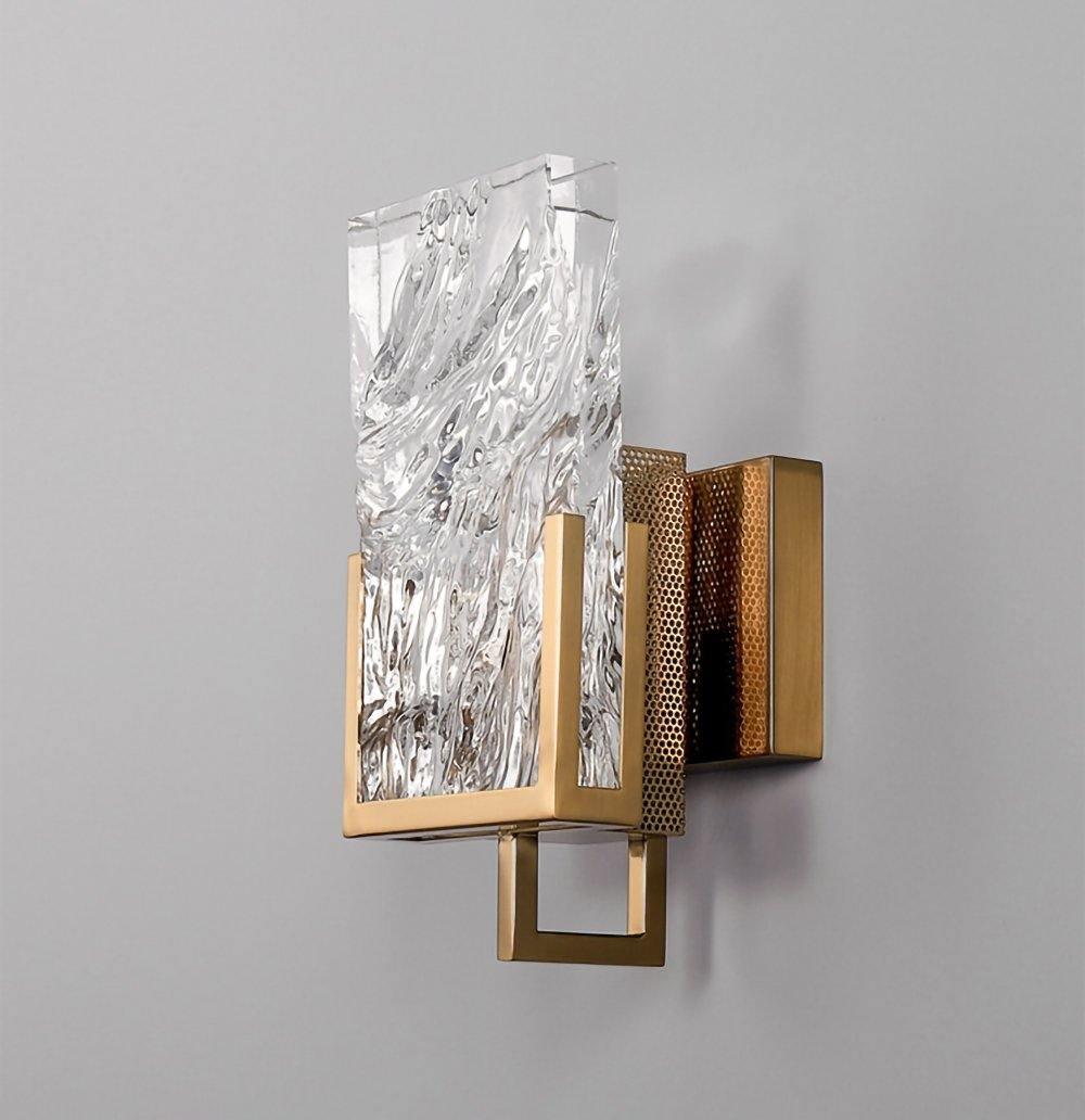 Elegant Ice Crystal Glass Wall Sconce Brass Finish Modern Indoor Light Fixture