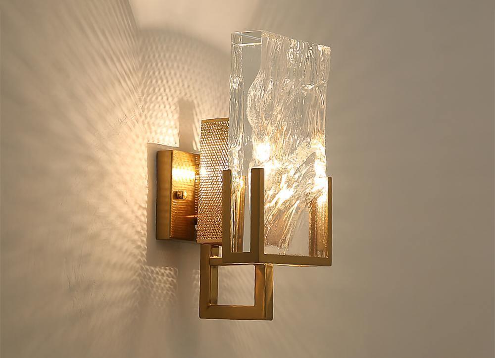 Elegant Ice Crystal Glass Wall Sconce Brass Finish Modern Indoor Light Fixture
