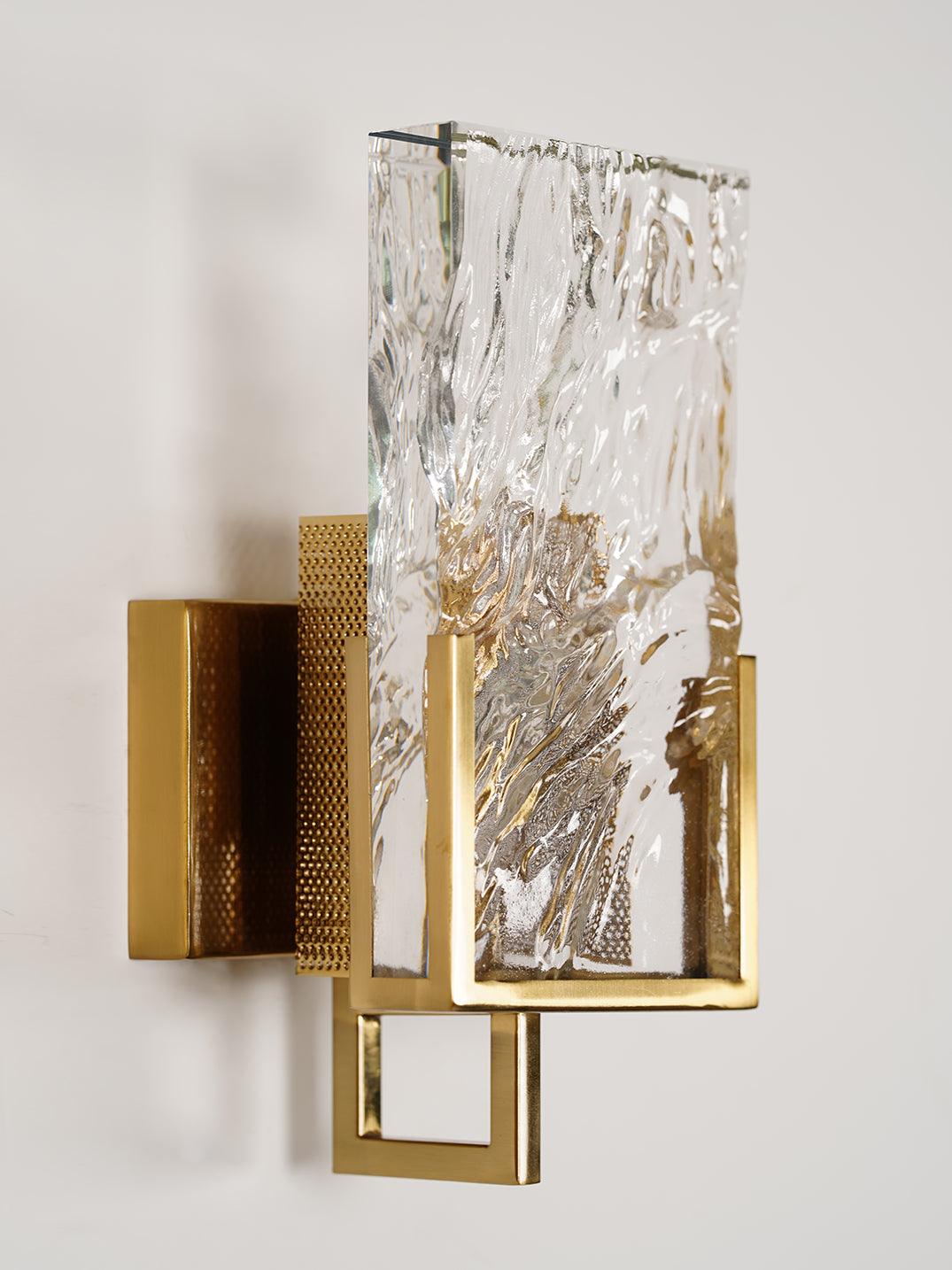 Elegant Ice Crystal Glass Wall Sconce Brass Finish Modern Indoor Light Fixture