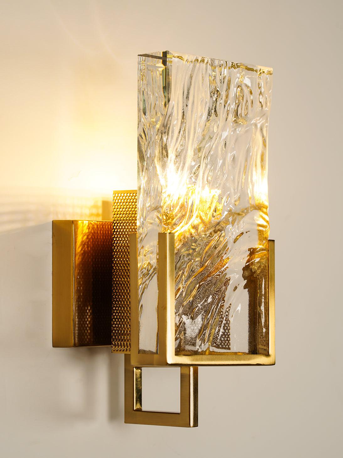 Elegant Ice Crystal Glass Wall Sconce Brass Finish Modern Indoor Light Fixture