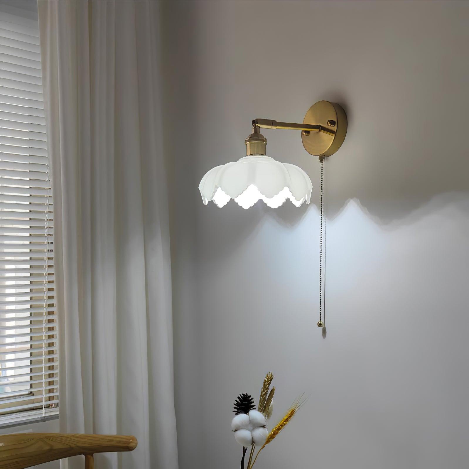Elegant Lotus Shaped Rotatable Wall Sconce with White Glass Shade and Gold Metal Finish