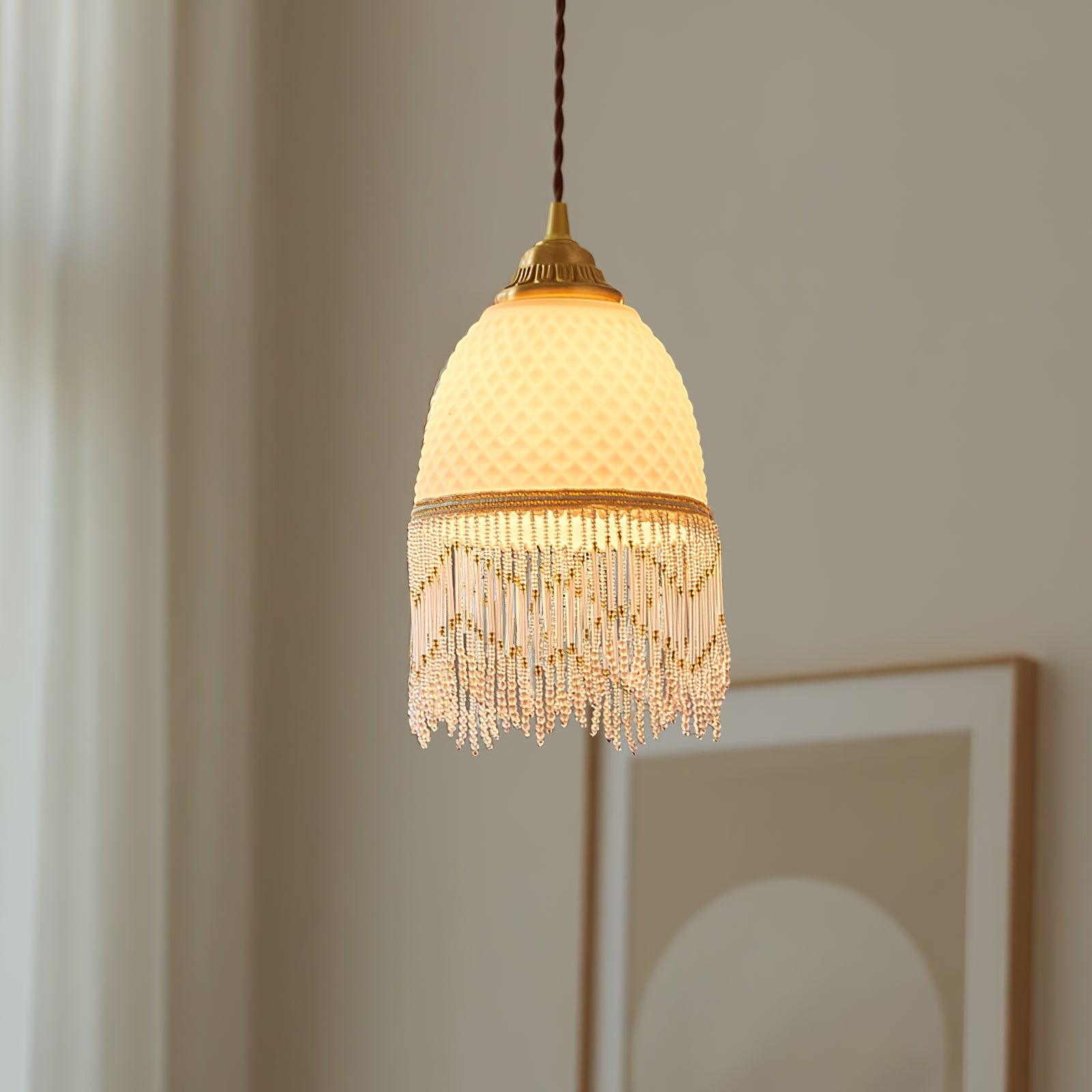 Elegant Mesh Tassel Glass Pendant Light Modern Brass Ceiling Hanging Fixture