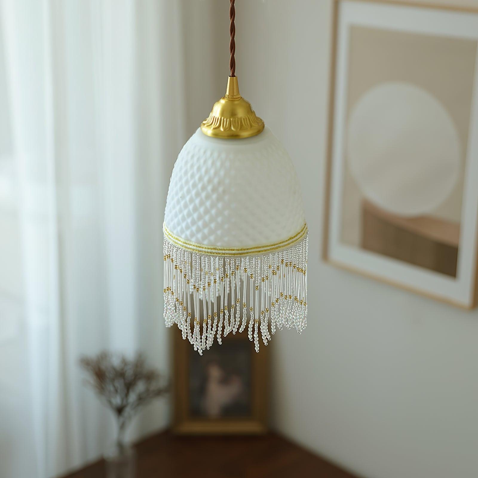 Elegant Mesh Tassel Glass Pendant Light Modern Brass Ceiling Hanging Fixture