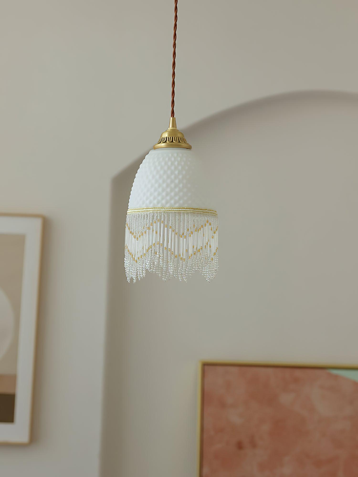 Elegant Mesh Tassel Glass Pendant Light Modern Brass Ceiling Hanging Fixture