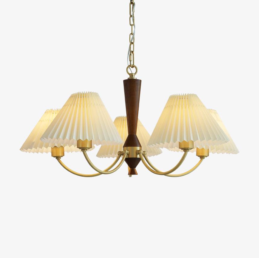 Elegant Mid Century Brass and Walnut Wood Chandelier with White Pleated Fabric Shades
