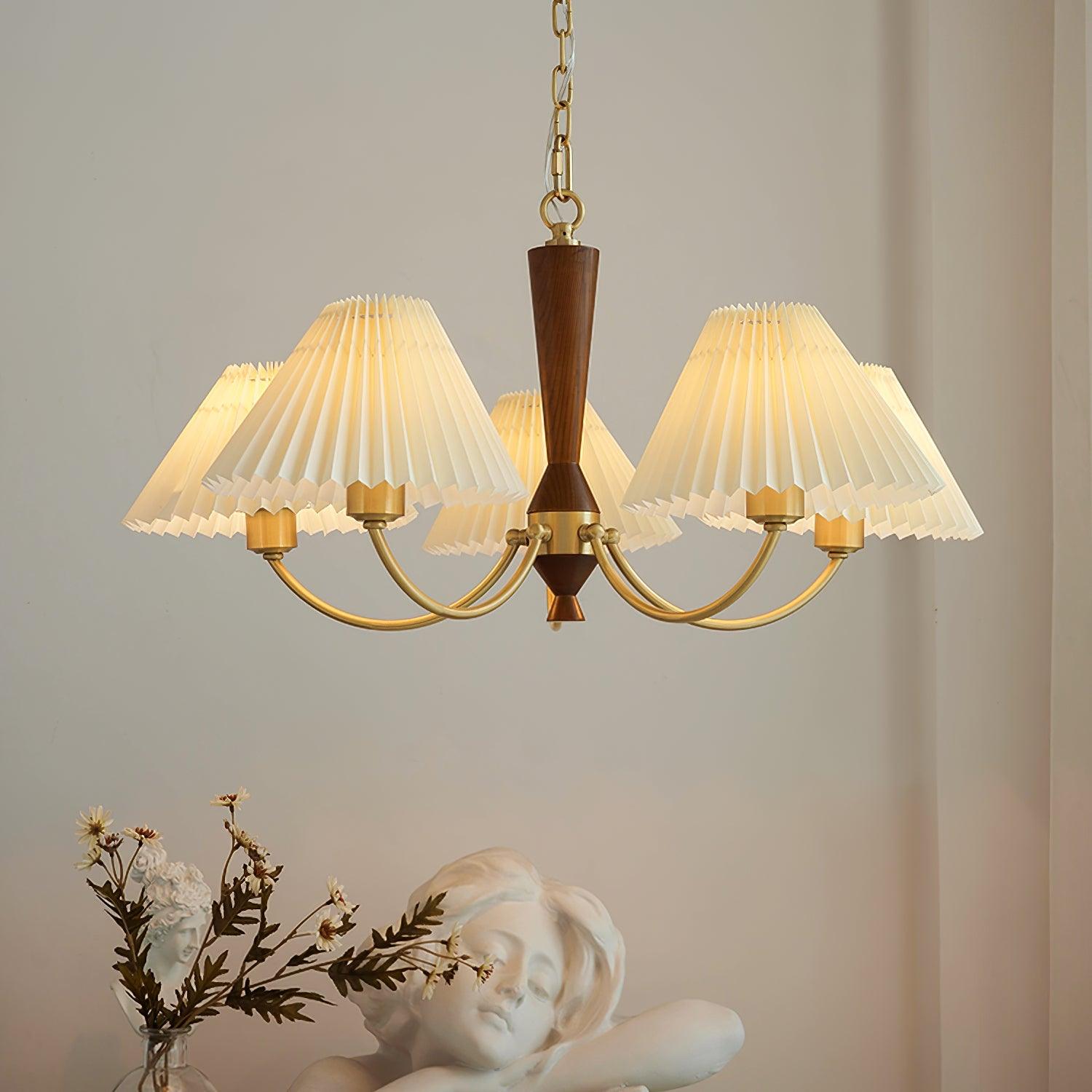 Elegant Mid Century Brass and Walnut Wood Chandelier with White Pleated Fabric Shades