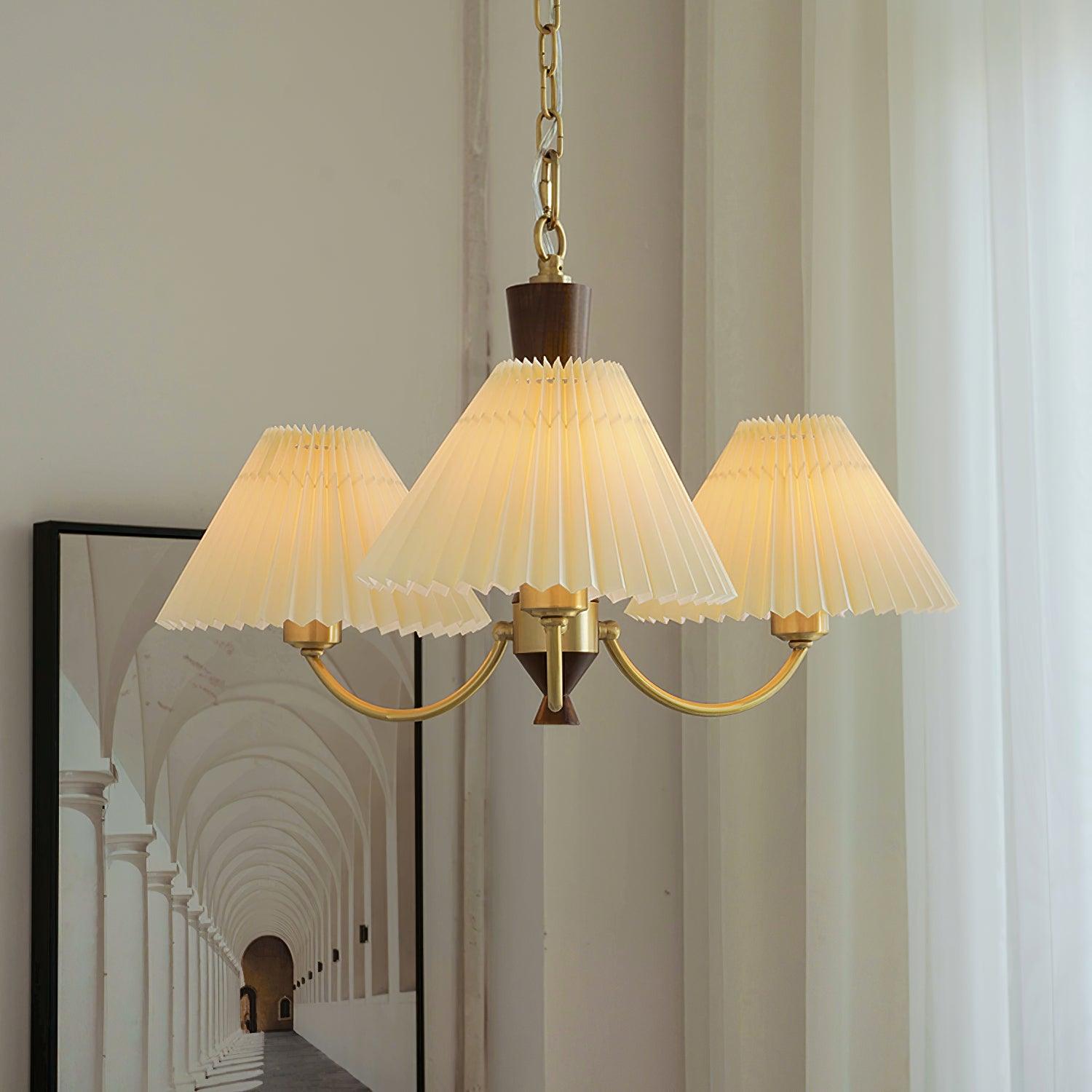 Elegant Mid Century Brass and Walnut Wood Chandelier with White Pleated Fabric Shades