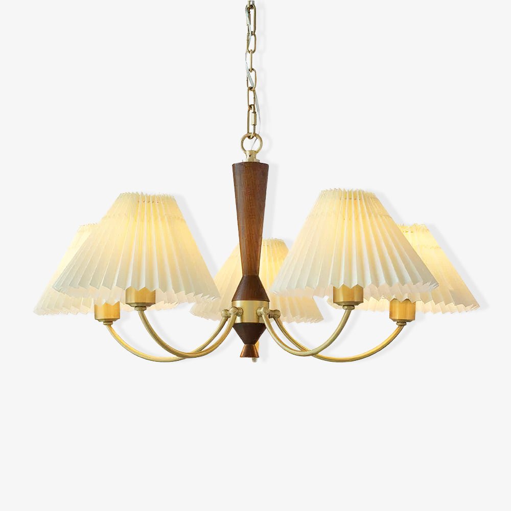 Elegant Mid Century Brass and Walnut Wood Chandelier with White Pleated Fabric Shades