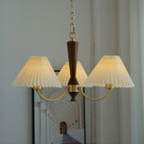 Elegant Mid Century Brass and Walnut Wood Chandelier with White Pleated Fabric Shades