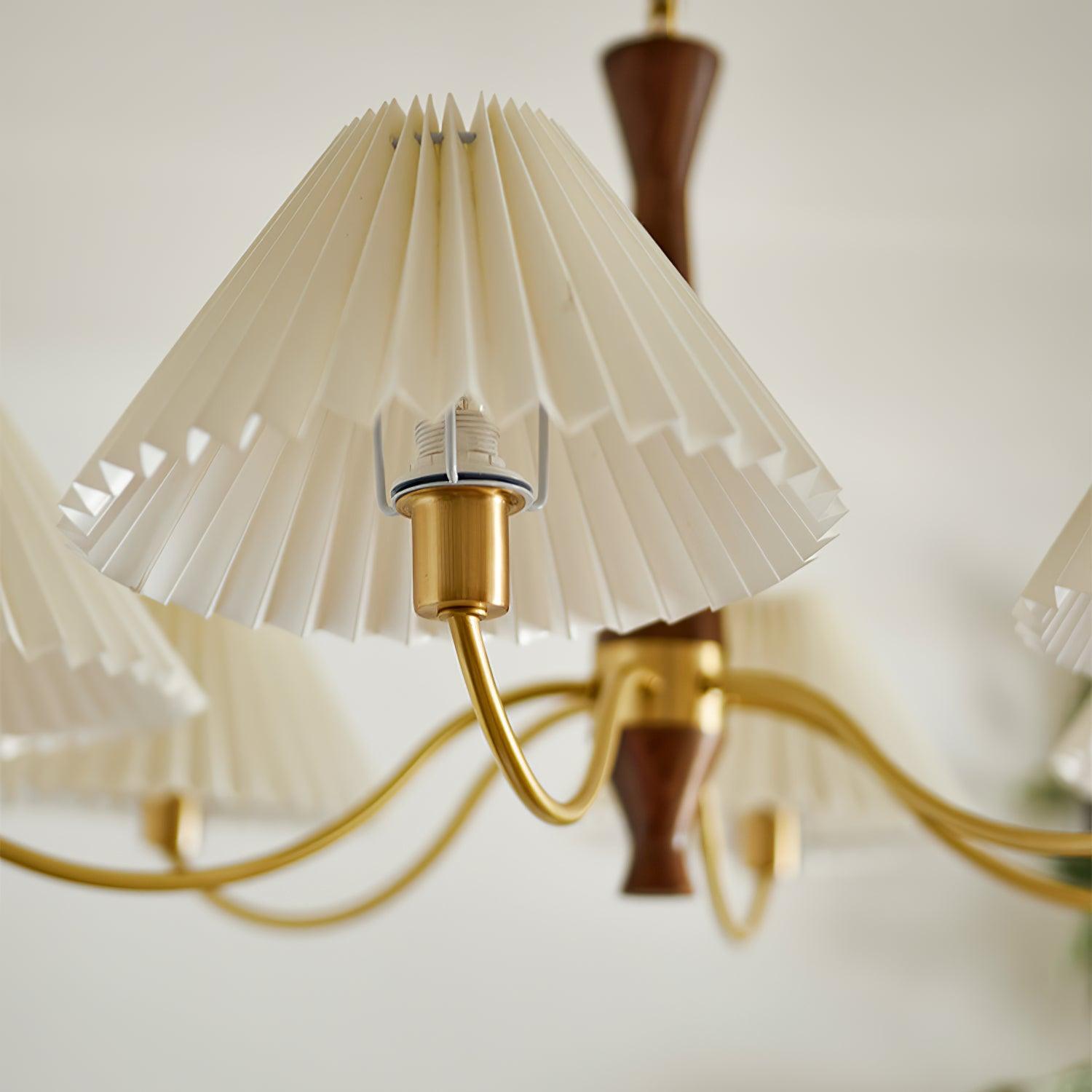 Elegant Mid Century Brass and Walnut Wood Chandelier with White Pleated Fabric Shades