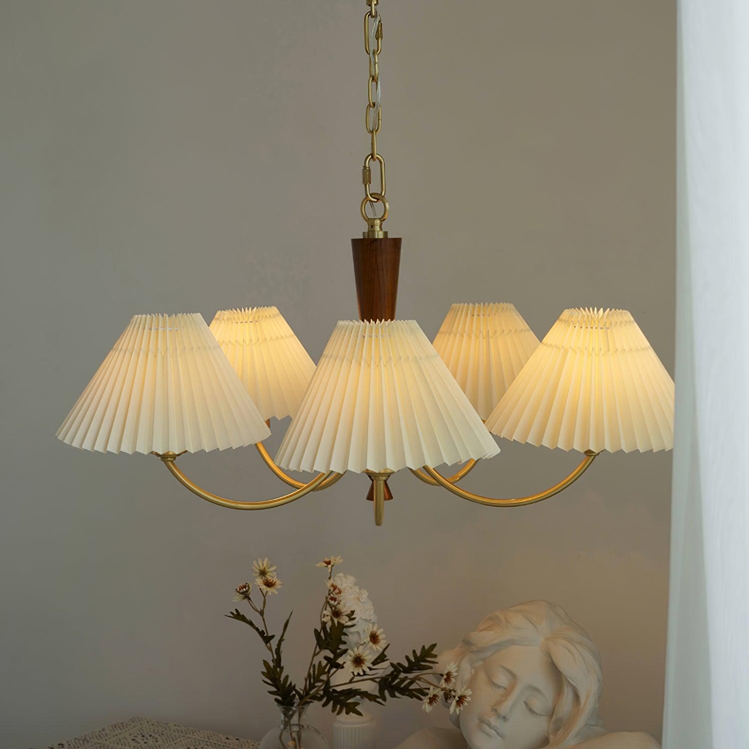 Elegant Mid Century Brass and Walnut Wood Chandelier with White Pleated Fabric Shades